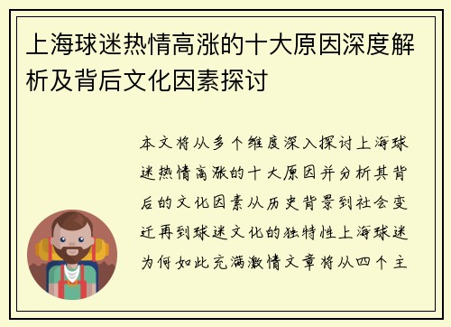 上海球迷热情高涨的十大原因深度解析及背后文化因素探讨